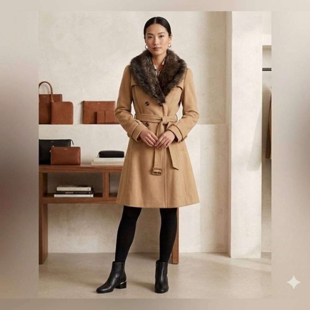 Steve Madden Women’s Large Long Camel Trench Coat Winter Jacket Fur Collar Y2K